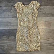 Dress the Population Gold Sequin Bodycon Mini Dress Cap Sleeve V-Back Medium