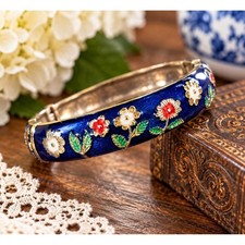 Vintage Jiu Long Xing Cobalt Blue Cloisonn  Enamel Floral Hinged Bangle Bracelet