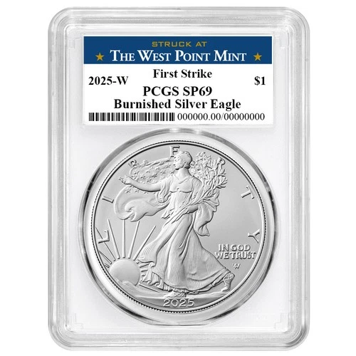 2025-W Burnished $1 American Silver Eagle PCGS SP69 FS West Point Label White