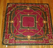 Olive Green Maroon Gold Bridles Chains Square Scarf 33" Italy