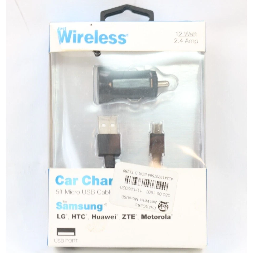 Cargador de coche Just Wireless 12W 2,4 amperios con cable micro USB de 5 pies para dispositivos Android Foto 3 de 4
