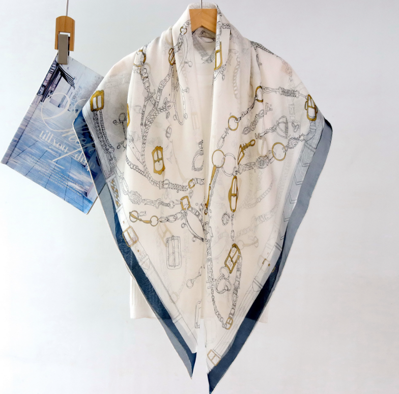 100% Chiffon Silk Square Horsebit Print Scarf Neckerchief Bandanna Wrap103X103cm