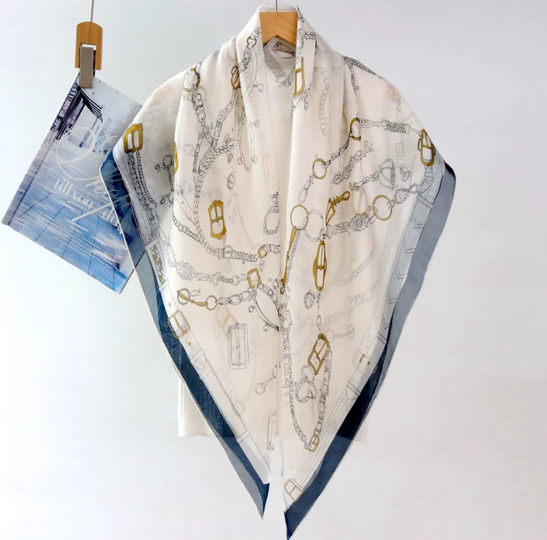 100% Chiffon Silk Square Horsebit Print Scarf Neckerchief Bandanna Wrap103X103cm