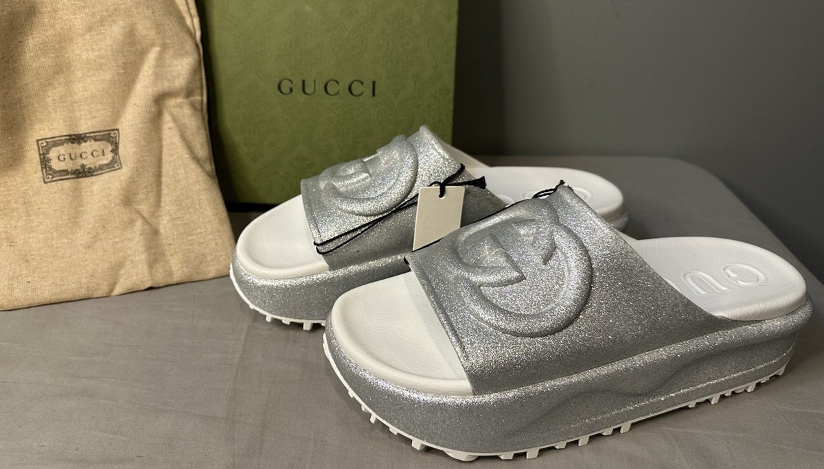 Gucci Interlocking G Silver Glitter Platform Slide Women Sz