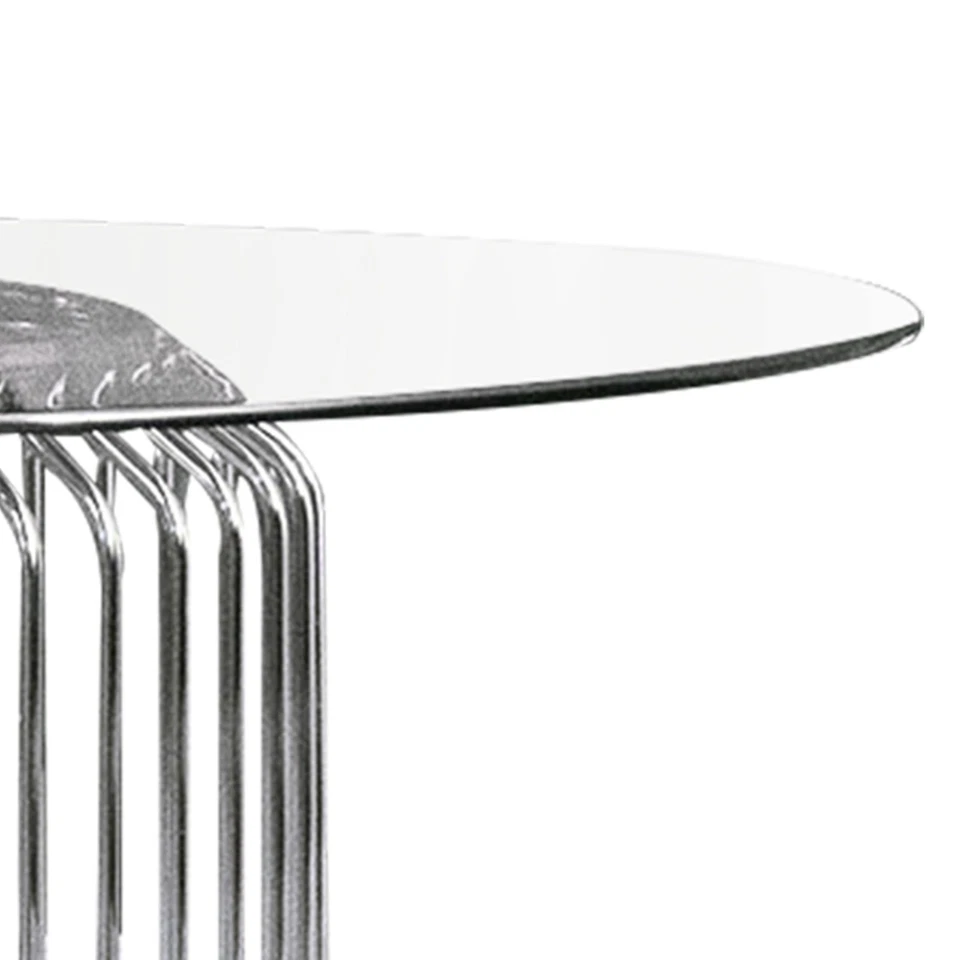 Base de mesa de comedor cilíndrica Benjara de 35 pulgadas solamente, metal cromado pulido enjaulado Foto 2 de 4