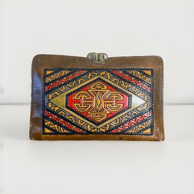 Vintage Leather Clutch Asian Style Handbag Purse Marked SHIN JUKU / TAKANO