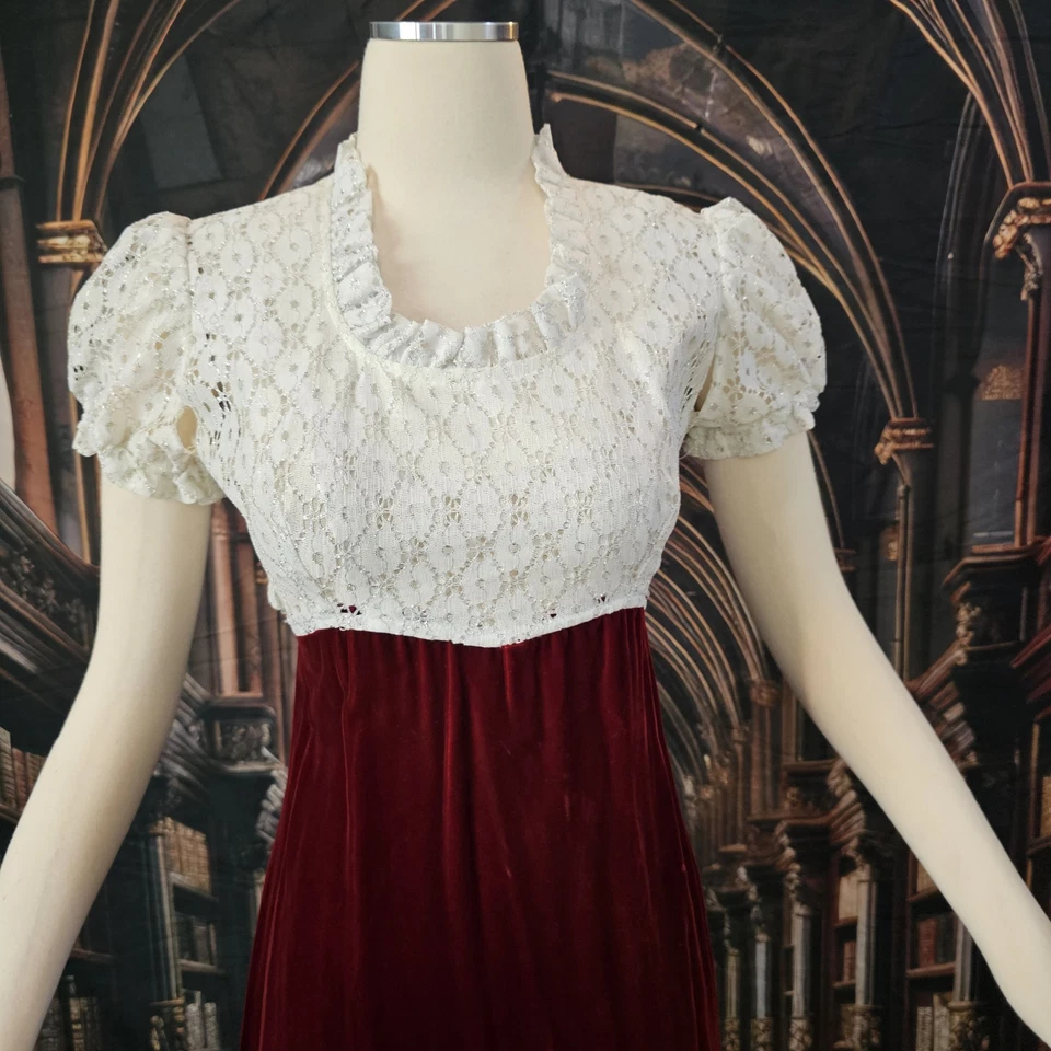 Vintage 1970s Dress Burgundy Red Velvet Maxi Floor Length White Lace Top - Image 4 of 4