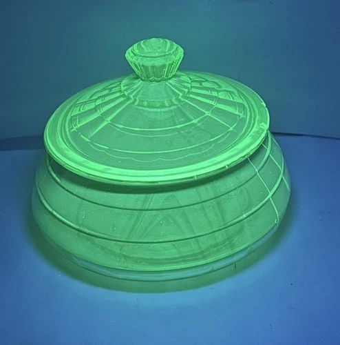 Uranium Glass Candy Dish Lid Anchor Hocking Block Optic Depression Green Chipped