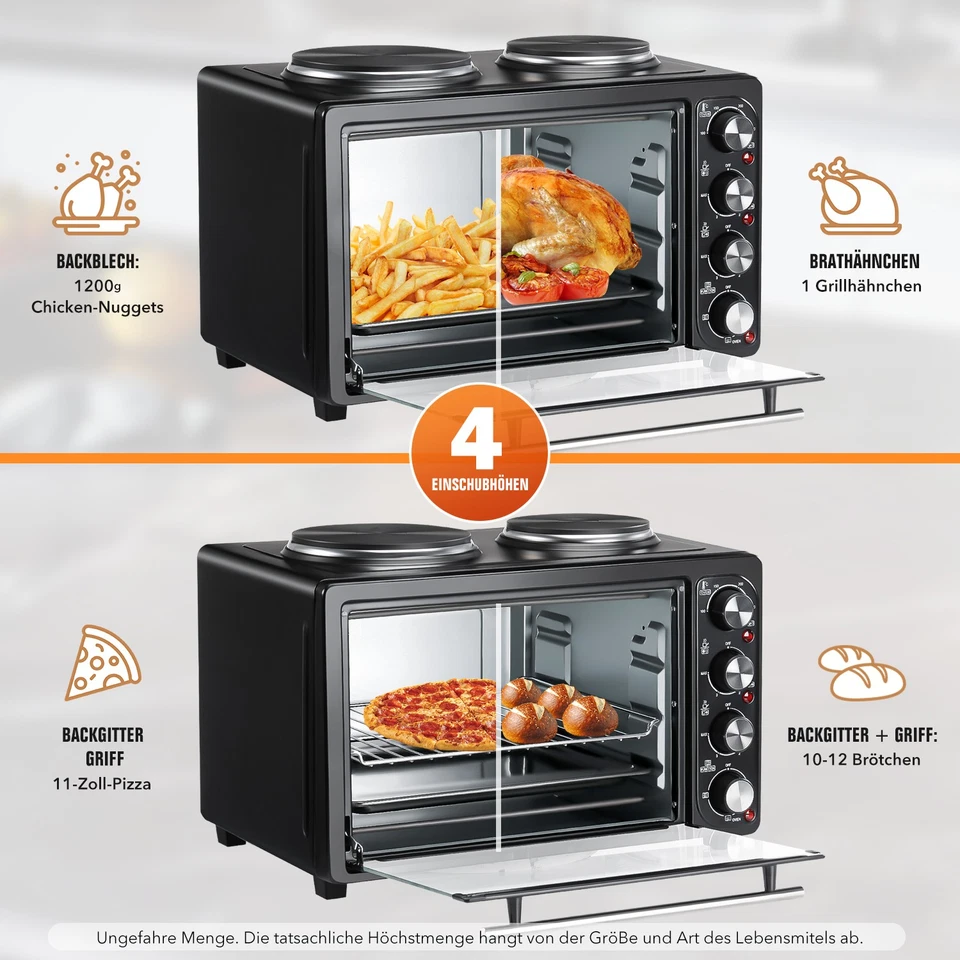 2in1 Minibackofen mit Kochplatte 3200W 36L Umluft Edelstahlofen Pizzaofen Toasto - Bild 2 von 4