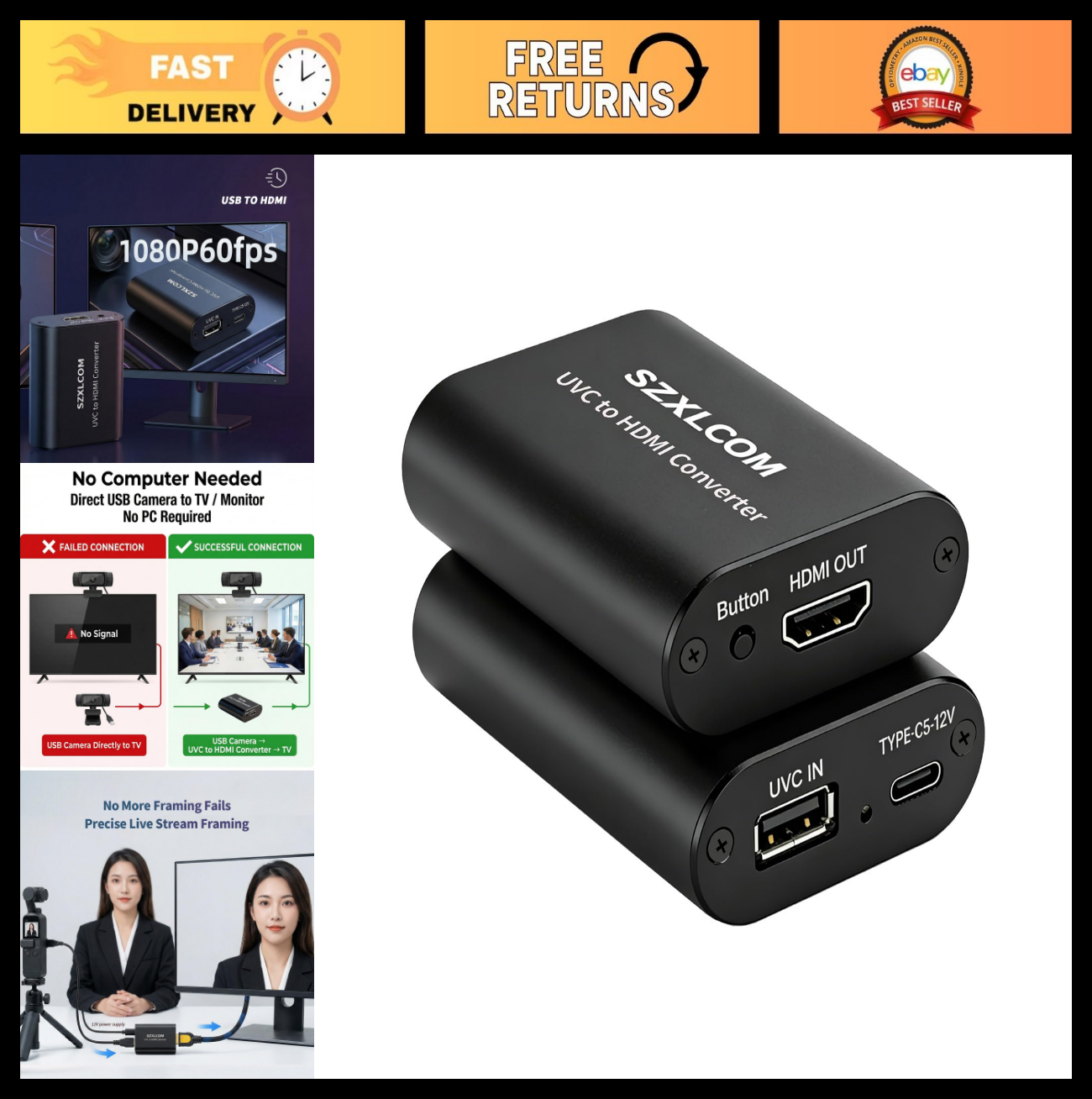 UVC to HDMI Converter 1080P 60Hz, USB Webcam Video Switcher, Live Stream to TV/M