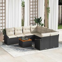 9-Teilige Garten-Sofa-Set Mit Kissen Schwarz Poly-Rattan Akazie