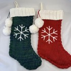 2 Christmas Red Green/Blue White Stockings Cable Knit Crochet 16" Snowflake Pom