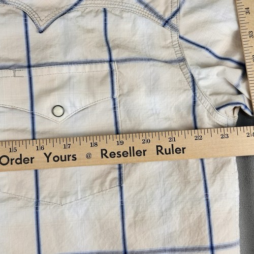 Stetson Shirt Mens XL Blue Tan Plaid Window Pearl Snap Cowboy Western Pockets - Picture 9 of 15
