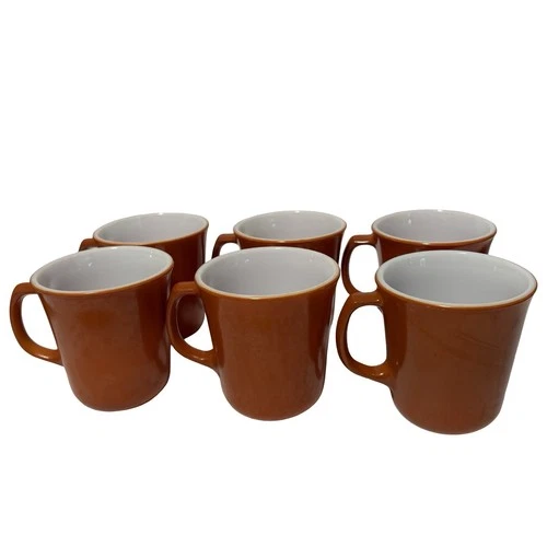 VINTAGE SET OF 6 CORNING RUST CINNAMON COLOR "D" HANDLE COFFEE TEA MUGS Mcm Fall