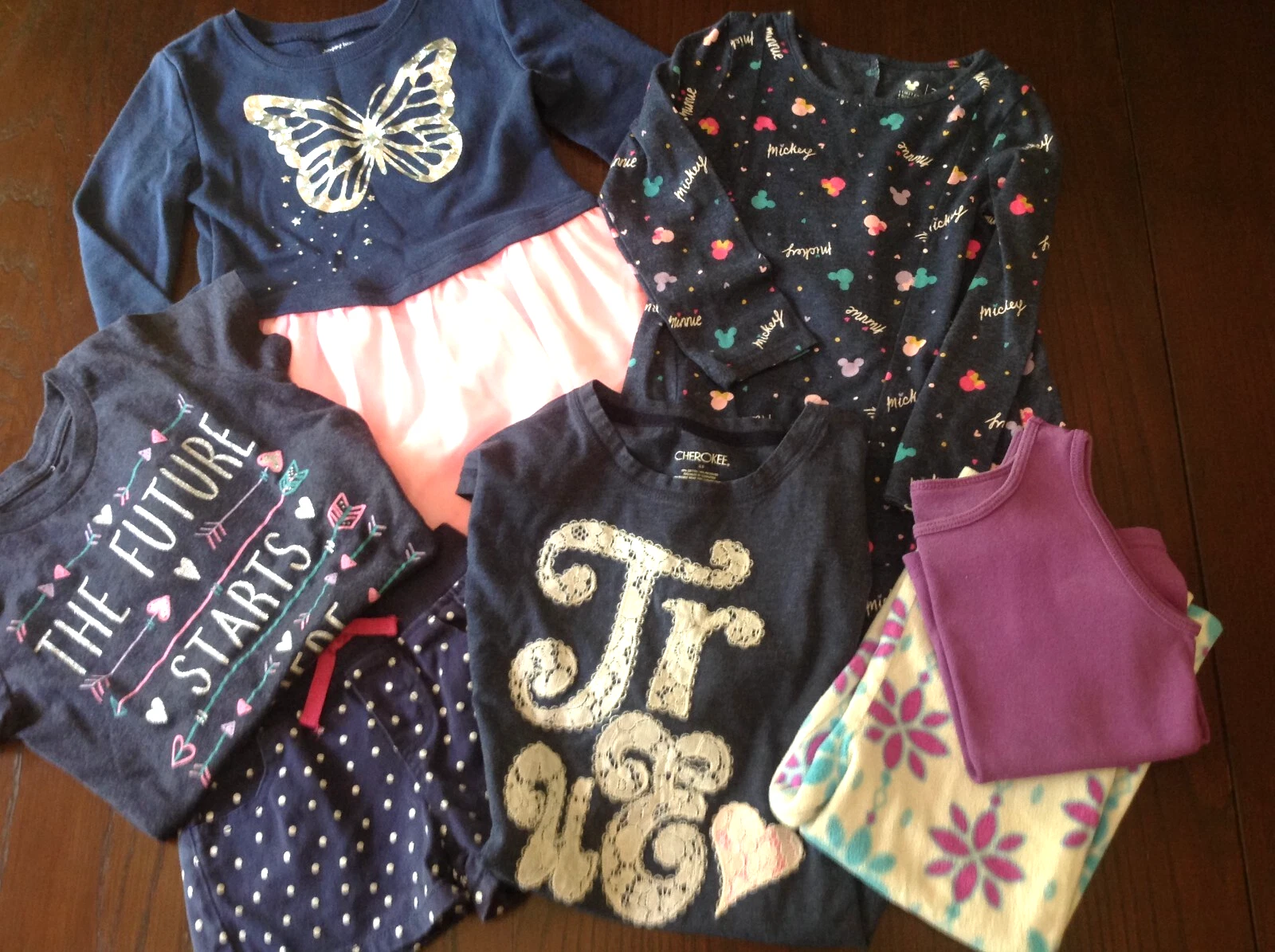Girls clothing lot size 4, Navy Disney dress, Butterfly dress Pink Tulle, tees