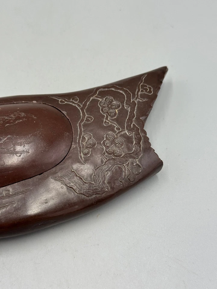 Antiguo plato japonés de tinta tallada en piedra del siglo XIX firmado 8 1/4"" Foto 3 de 4