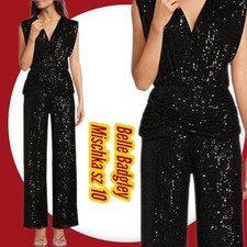 NWT 299 Belle Badgley Mischka Indie Sequin V Neck Wide Leg Jumpsuit SZ 10