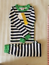 Hanna Andersson Org Cttn Long Johns PJS Navy White Stripes Green BorderUS6-7 NWT