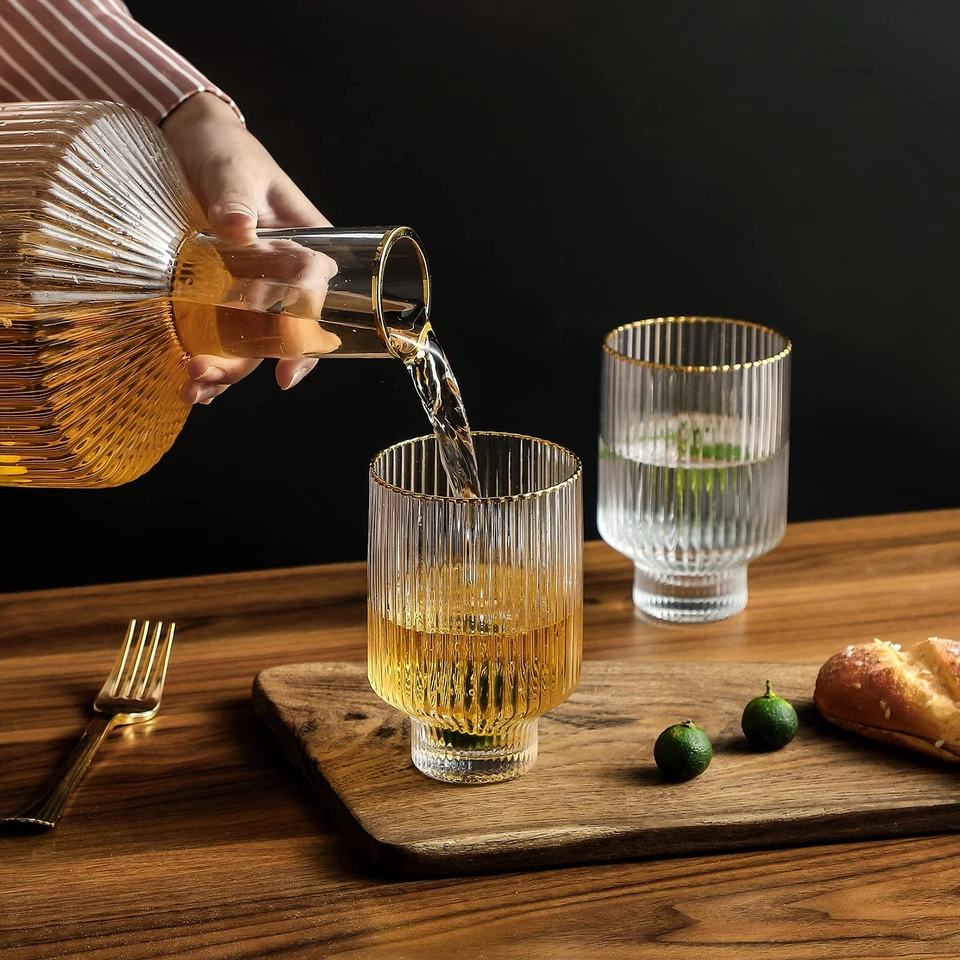 Tiara Optic Swirl Bedside 6 Tumblers 11.5 oz. Gold Rim Bedside Water Carafe w... - Image 4 of 4