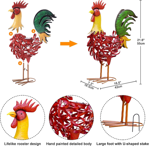 Solar Rooster Metal Garden Sculpture Statue Outdoor Garden Yard Art Decoration - Picture 4 of 6