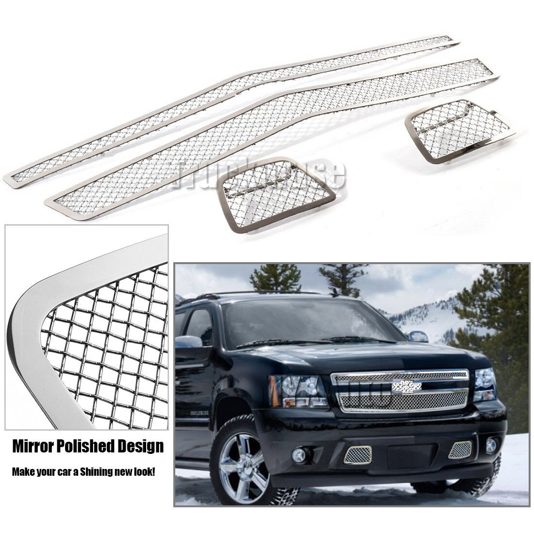 Stainless Steel Mesh Grille Insert Kit For 2007-2014 Chevy Tahoe, Suburban, Avalanche (Not Z71) - Chrome, 4-Piece