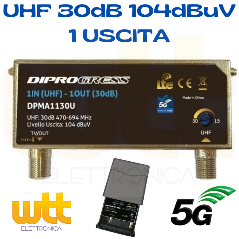 Amplificatore Da Palo Per Antenna TV Con Filtro LTE/5G – 30dB Regolabile, 2 Ingressi UHF + 1 VHF