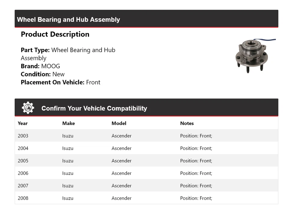 Conjunto de cojinete de rueda y buje delantero para Isuzu Ascender 2003-2008 MOOG 2003 2004 Foto 2 de 4