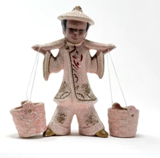 1950's Asian Boy Carrying Water Buckets Sugar Glaze Japan PINK & Gold 5 3/4"T