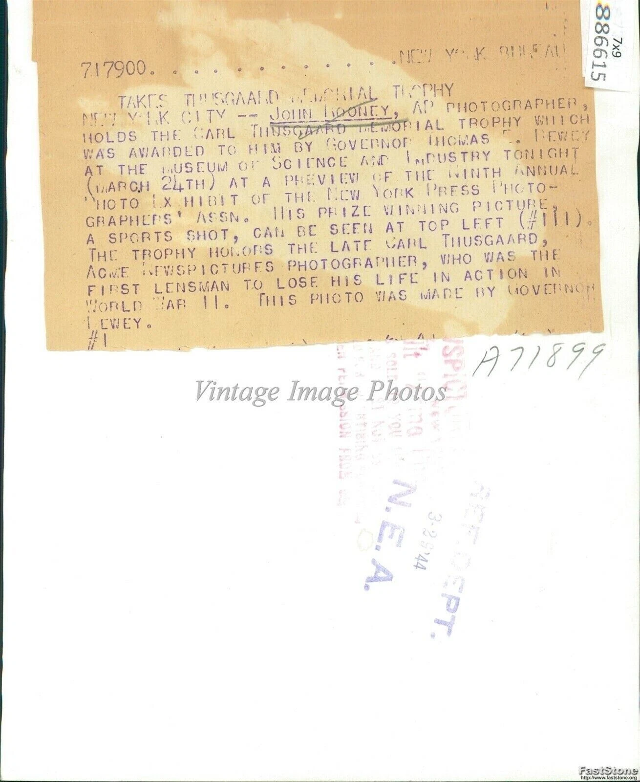 1944年写真A.P g John Rooney受賞Carl Thusgaard Trophy Nycイベント7x9 - 画像2/2