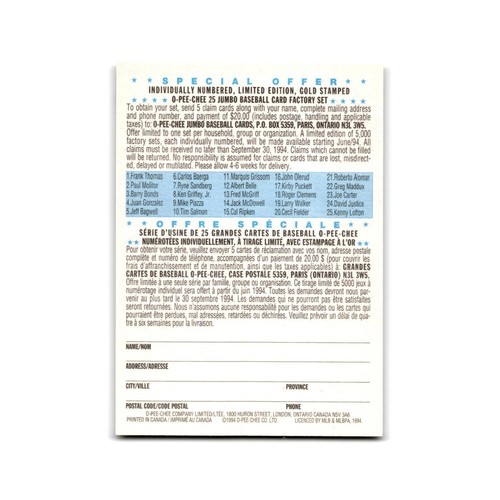 Fred McGriff 1994 O-Pee-Chee All-Star Redemptions #13 Atlanta Braves NM - Picture 2 of 3