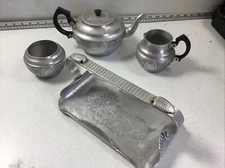 Vintage Sona Ware Tea Pot Creamer Sugar Aluminum Avon Set Hand Wrought 510Server