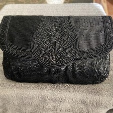 Vintage Satin Beaded Clutch Black Evening Cocktail Wedding Unique Design