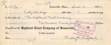 SOMERVILLE MASS HIGHLAND TRUST WESLEY A MAYNARD SIGNED REVENUE STAMP