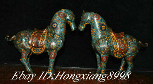 10" Antique Old Bronze Cloisonne Enamel Dynasty Animal Success Horse Statue Pair - Picture 8 of 9