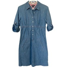 Tommy Hilfiger Womens S Dress High Waist Chambray Tab Sleeves Button Pockets