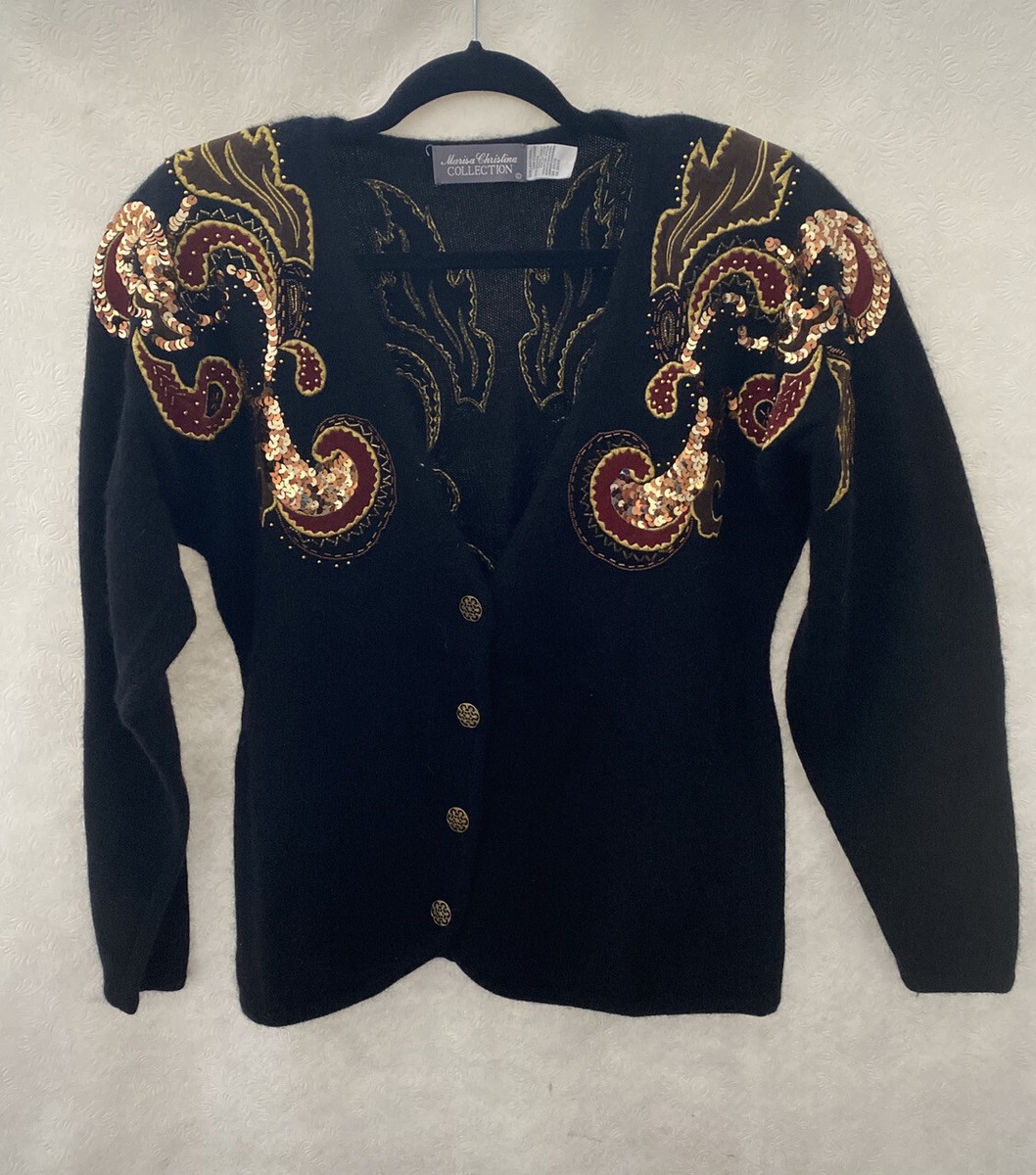 Marisa Christina Collection Black Wool Angora Cardigan Sequin