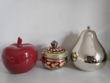 Set of 3 Home Decor Display Ornaments Red Apple,Gold Pear, Jewellery Trinket Box