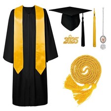 Graduation Cap Gown 2025 Black Tassel with Gold Stole Cord Tassel Photo Charm...