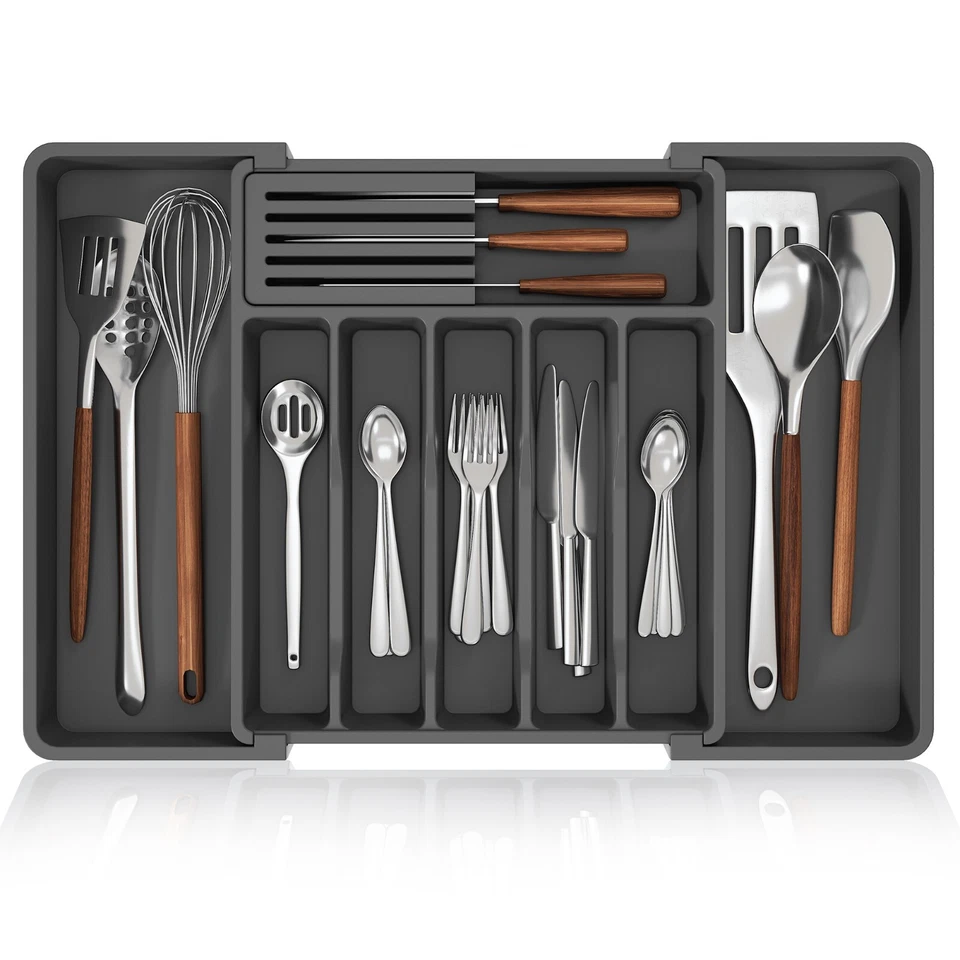 Expandable Plastic Cutlery Tray Kitchen Organiser Drawer Insert Storage Rack - Image 3 of 4