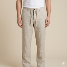 Perry Ellis Linen Blend Flat Front Drawstring Casual Pants 36x30 Beige
