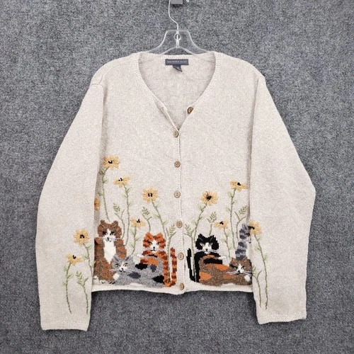 Northern Isles Cardigan Womens L Large Tan Wool Button Front Novelty Cat Scene