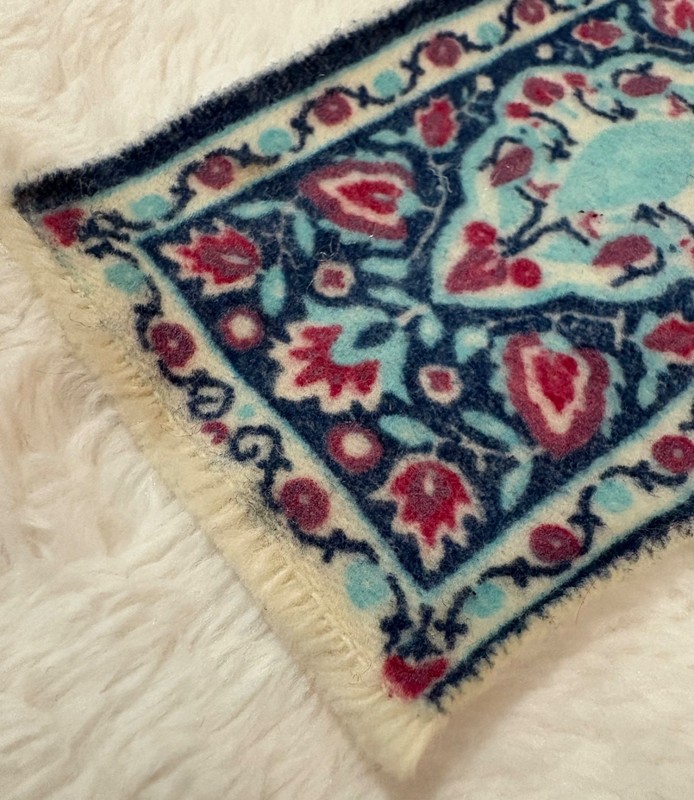 Vintage Barbie Doll Miniature Blue & Red Oriental Rug with Fringe Edges