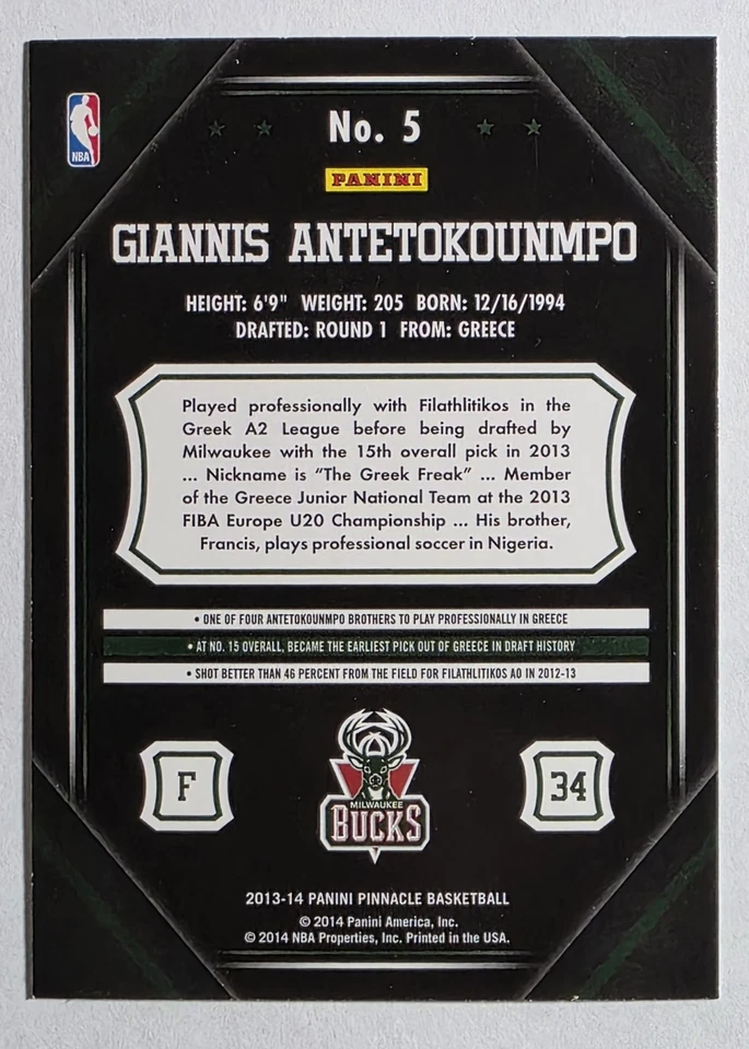 UM 2013-14 PINNACLE GIANNIS ANTETOKOUNMPO CARTÃO DE NOVATO MILWAUKEE BUCKS - Imagem 2 de 2
