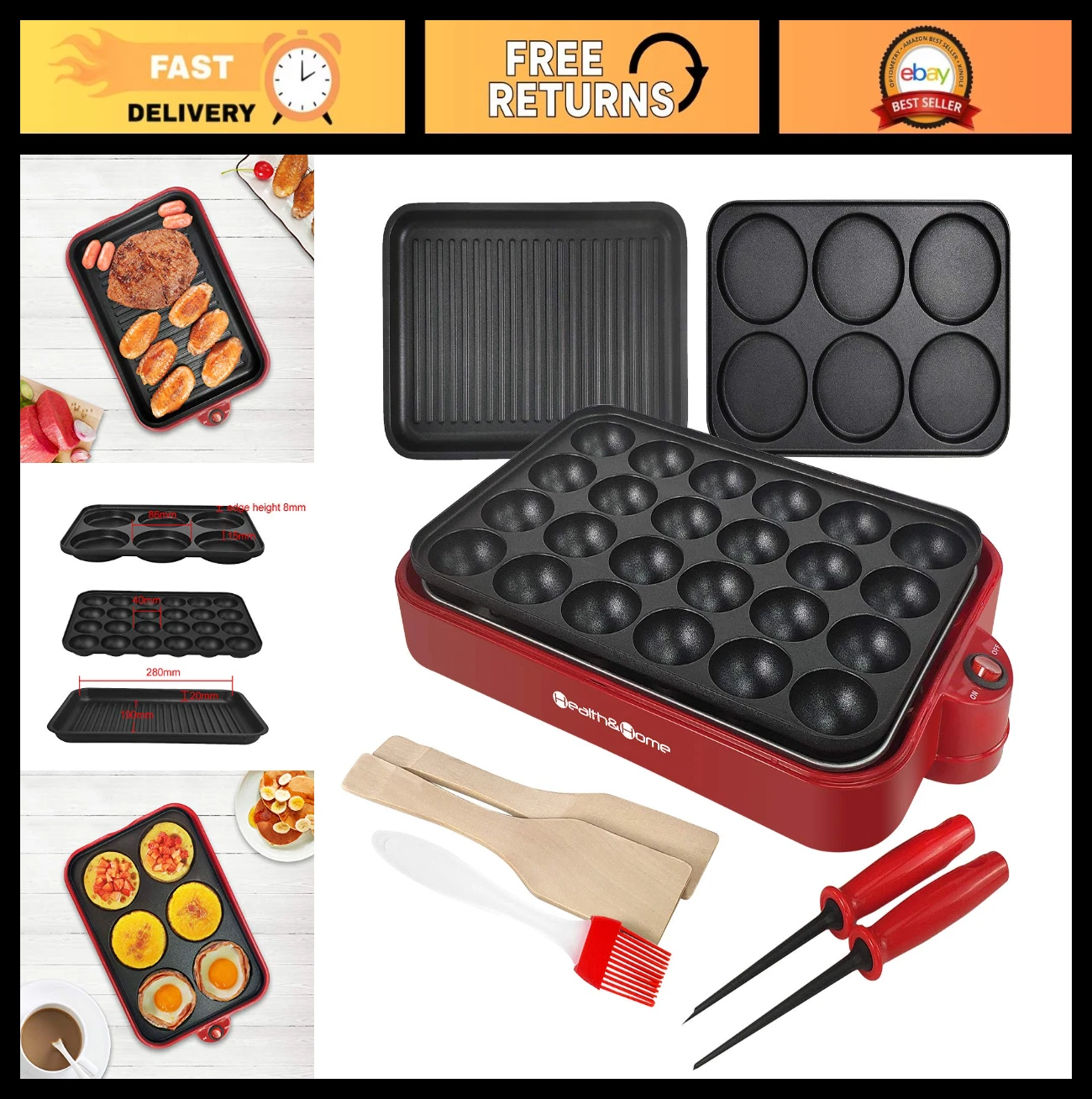Multifunction Nonstick Baking Maker - 3 Interchangeable Plates for Grill, Pancak