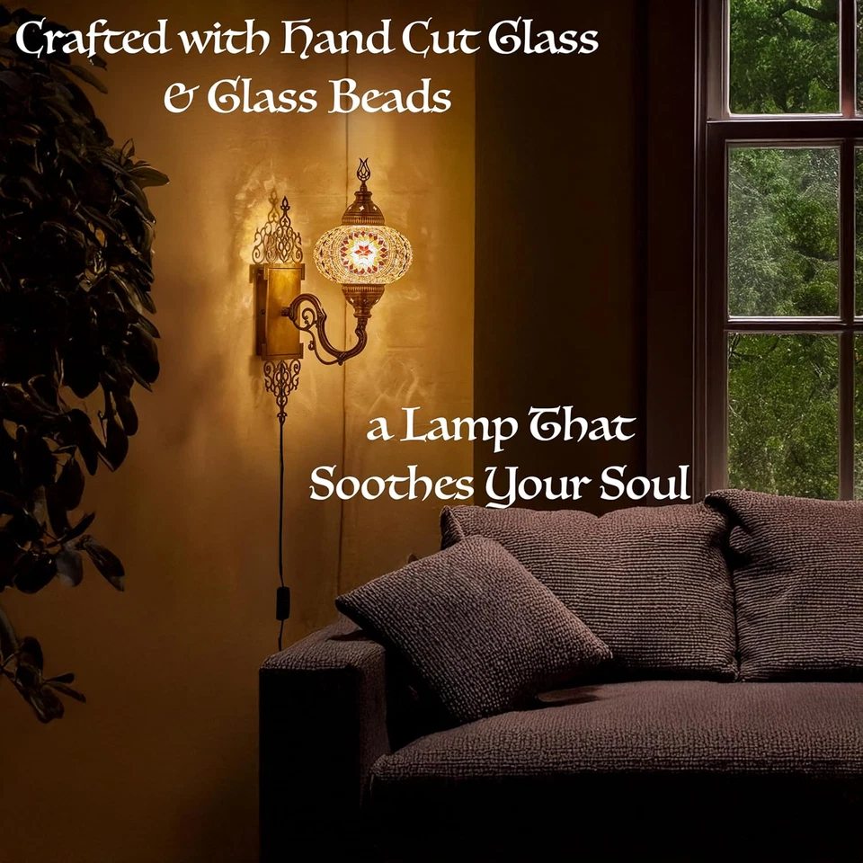 Aplique de pared enchufable de mosaico turco marroquí, vidrio estilo Tiffany hecho a mano G Foto 4 de 4