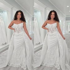 Strapless Wedding Dress with Detachable Train Mermaid Lace Applique Bridal Gown