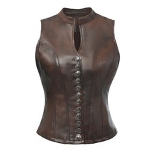 Women Steampunk Faux Leather Vest, Vintage Sleeveless Stand Collar Waistcoat
