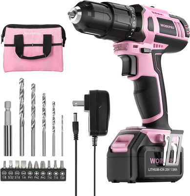 Taladro Rosa 20V Inalámbrico con Batería, Cargador y Bolsa