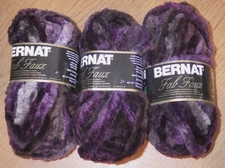 Lot of 3 Skeins, Bernat Fab Faux Yarn, 70g, 25 yds, Beaver (Purples & Brown)