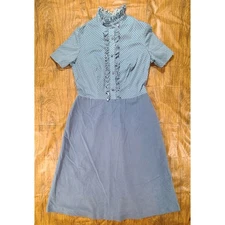 Vintage 60/70's Blue Ruffle Neck Polka Dot Velvet Midi Dress Jr's 16